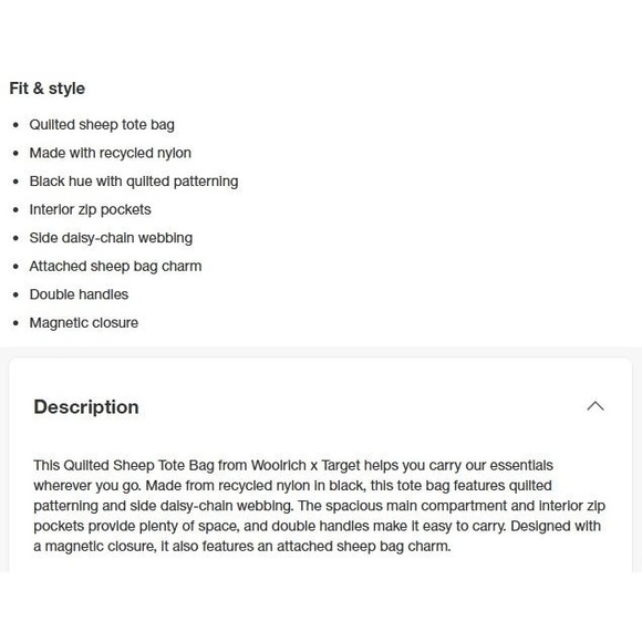 New! Woolrich x Target Quilted Sheep Tote Bag Black Purse / Handbag w/ Charm NWT - Picture 3 of 7